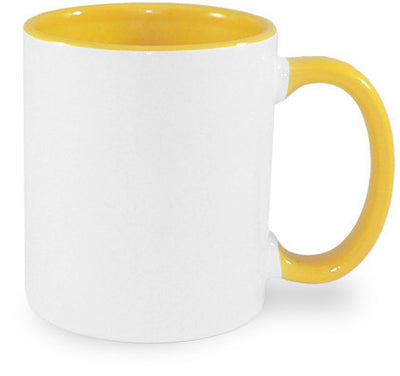 TAZA BLANCA 11 OZ COLOR INTERNO Y ASA AMARILLO GRADO AAA (unidad)